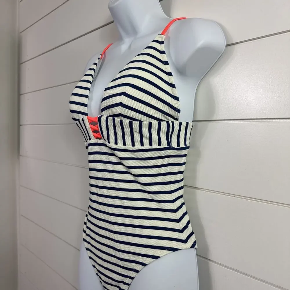 J. Crew V-Neck Crisscross One Piece Swimsuit Textured Stripe White Blue sz 6